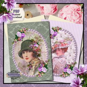 pdf note cards with flapper girl in green hat and edwardian woman in large hat surrounded with lavender pearls on purple strioes