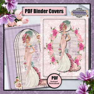 binder covers with edwardian woman in large hat surrounded with rose wreath