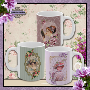 Category image 3 mugs decorated with images of early 1900's vintage women on white mug