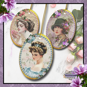 category image of 3 ceramic ornaments decorated with early 1900's vintage women illustrations harrison fisher
