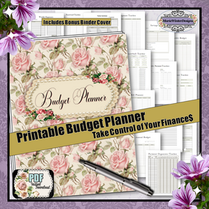 printable budget planner with binder cover large pink roses