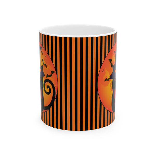 side view of mug showing orange and black stripes