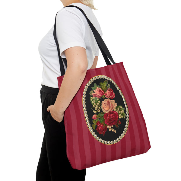 Copy of Women's Tote Bag Purse and Book Bag With Vintage Roses, Lily of the Valley, Surrounded by Peals on Red Striped Background