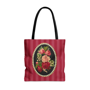 Copy of Women's Tote Bag Purse and Book Bag With Vintage Roses, Lily of the Valley, Surrounded by Peals on Red Striped Background