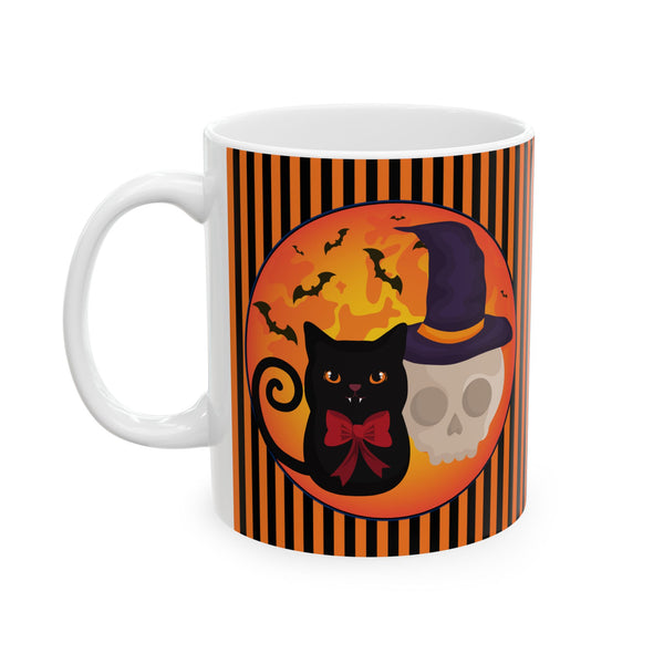 Decorative Ceramic Coffeemugs Halloween Black Cat With Skull Image On Teamugs Fall Decorative Ceramicmug Autumnal Designs Halloween Mugs