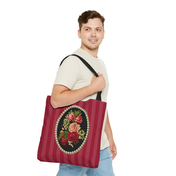 Copy of Women's Tote Bag Purse and Book Bag With Vintage Roses, Lily of the Valley, Surrounded by Peals on Red Striped Background