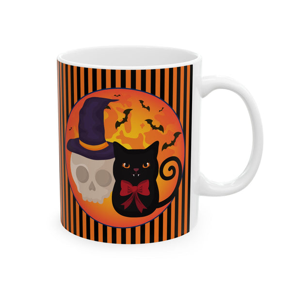 Decorative Ceramic Coffeemugs Halloween Black Cat With Skull Image On Teamugs Fall Decorative Ceramicmug Autumnal Designs Halloween Mugs