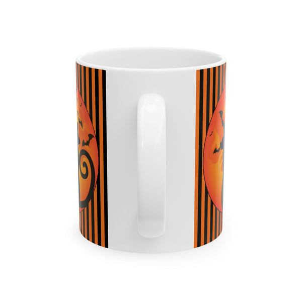 side view of mug showing white handle and orange  with black stripes