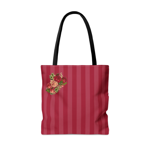 Copy of Women's Tote Bag Purse and Book Bag With Vintage Roses, Lily of the Valley, Surrounded by Peals on Red Striped Background