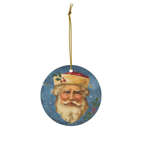 round Christmas Ornament with Vintage Santa on a midnight sky background accented with holly and gold stars