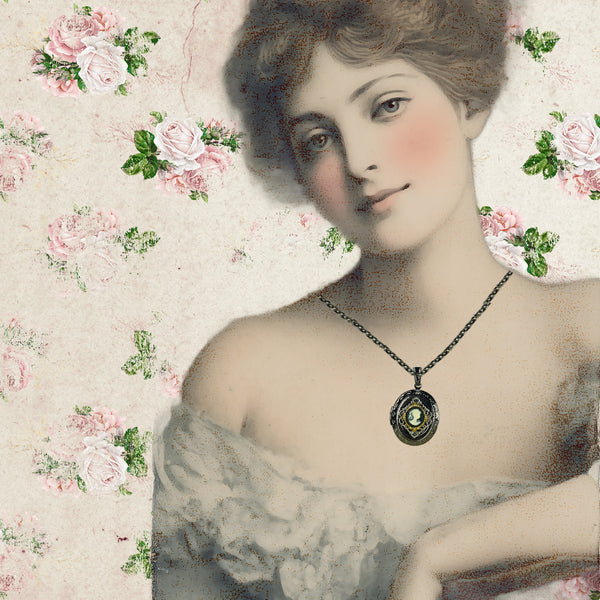 Vintage-inspired cameo locket necklace worn by a Victorian-style woman against a soft floral rose background. Antique silver oval locket with an ivory cameo, elegant heirloom jewelry for romantic vintage fashion.