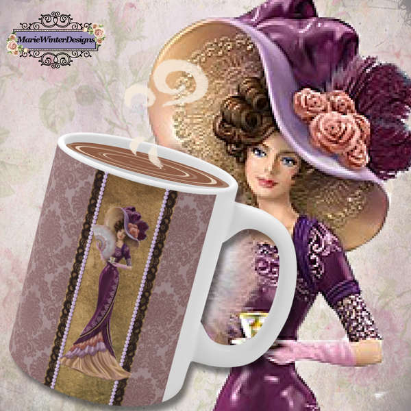 Ceramic Mug With Elegant Early 1900s Vintage Woman Wearing a burgundy dress Large Hat on Gold stipe edged with black lace and lavender pearls On Purple Damask Background and White Handle with same woman in the background