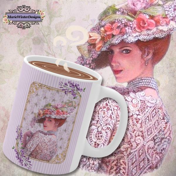 Tipped Ceramic Coffee Mug with Elegant Early 1900s Vintage Woman wearing a Purple Lace Dress, Large Floral Hat Purple on Striped Background and White Handle. Behind is and the image the same as the woman on the mug.