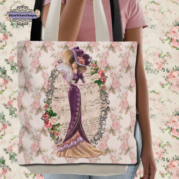 Person carrying a Tote Bag Purse Book Bag With Elegant Early 1900s Vintage Hello Dolly Lady in a Burgandy Dress on pink roses, green leaves white background