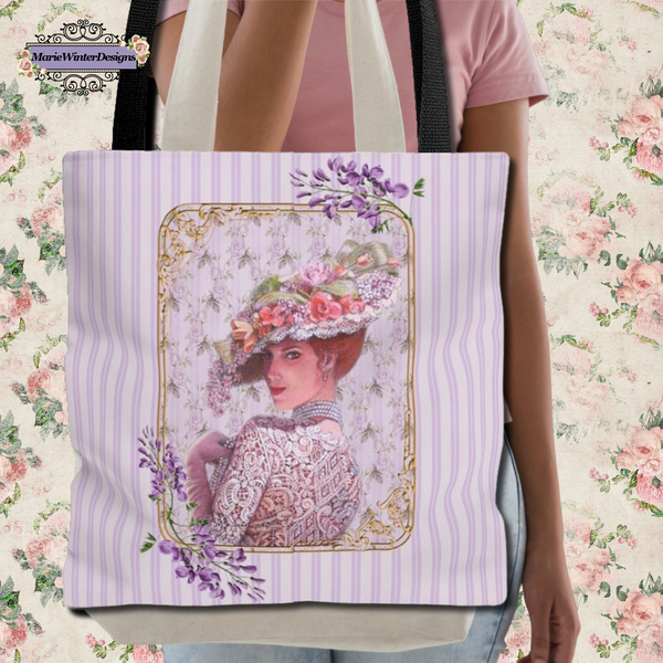 Tote Bag Purse and Book BagWith Elegant Early 1900s Vintage Woman Wearing a Purple Lace Dress