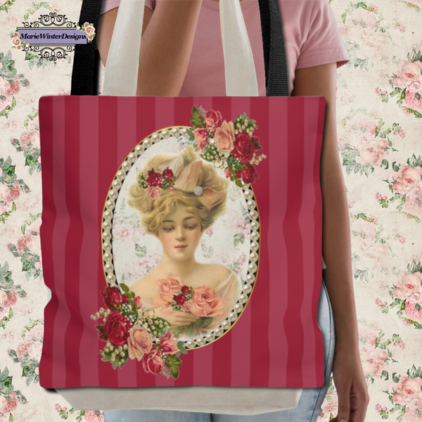 Tote Bag Purse and Book Bag  With Elegant Early 1900s Vintage Woman on Red Stripes