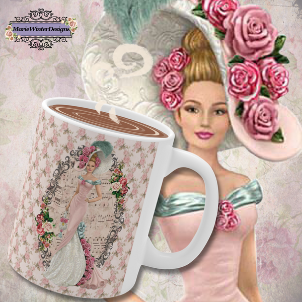 Tipped Ceramic Coffee Mug with With with Early 1900s Vintage Hello Dolly Lady in a Pink Dress and Large Hat and pink Floral Background and white handle. Behind the mug is the same image of the woman on the mug.