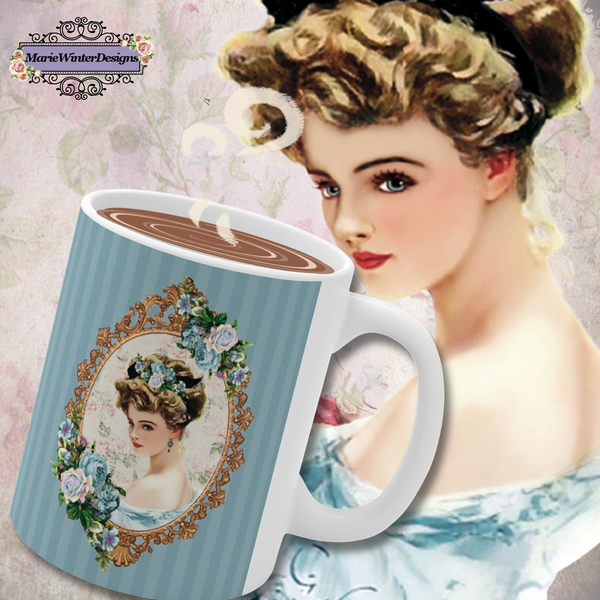 Ceramic Mug with With Elegant Early 1900s Vintage Harrison Fisher Illustration of Lady In Gold Frame On Blue Striped Background with white handle. Image of woman o n the mug is also behind the mug.