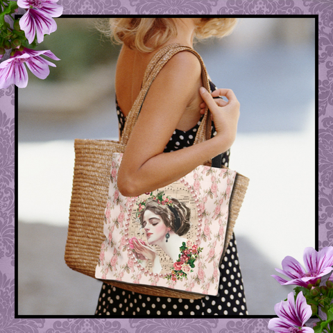 woman wearing a black and white polka dot dress carrying a Tote Bag Purse With Elegant Early 1900s Vintage Harrison Fisher Illustration with light pink pearl frame on pink roses with green leaves over white background