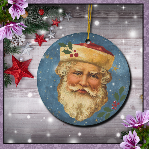 round Christmas Ornament with Vintage Santa on a midnight sky background accented with holly and gold stars