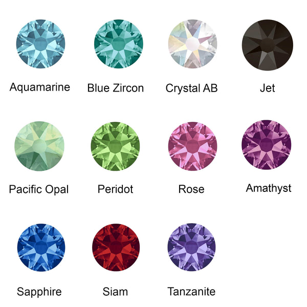 Crystal color options for vintage-inspired jewelry including Aquamarine, Blue Zircon, Crystal AB, Jet, Pacific Opal, Peridot, Rose, Amethyst, Sapphire, Siam, and Tanzanite.