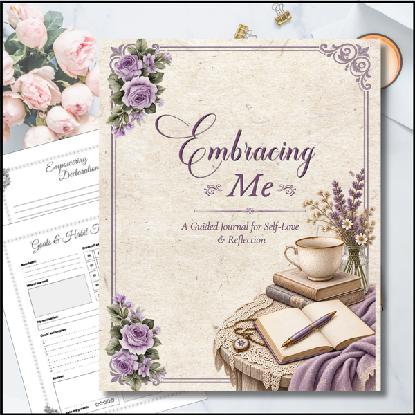 A styled flat-lay of a guided journal cover reading 'Embracing Me: A Guided Journal for Self-Love & Reflection' with lavender floral accents, shown alongside a dedication page and habit tracker on a light background.