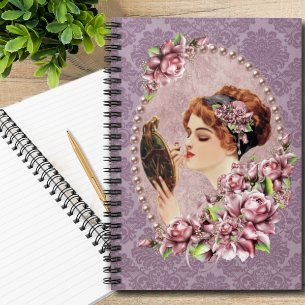 Spiral Bound Notebook Journal With Elegant Early 1900s Vintage Harrison Fisher Illustration surrounded with lavender pearls, Accented With Purple Flowers on purple damask background