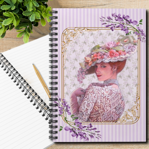Journal Notebook with  Lined Pages with Elegant Early 1900s Vintage Woman Wearing a Lace Dreass and Large Floral Hat