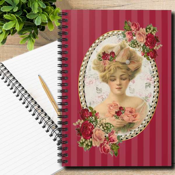 Journal Notebook Lined Pages With Elegant Early 1900s Vintage Woman  Surrounded with Pearls on Red Stripes