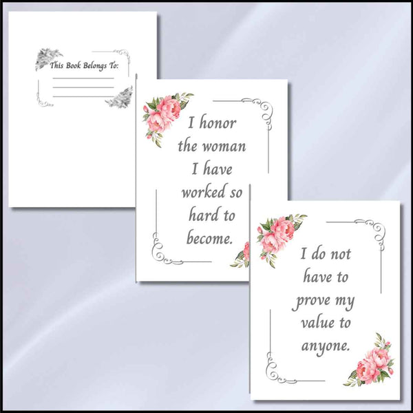 Three white printed cards with floral corner designs are arranged on a pale blue-gray background. One card reads 'This Book Belongs To:' with a blank line, and the other two say motivational phrases about a woman and value, each decorated with pink flowers and gray scrollwork.