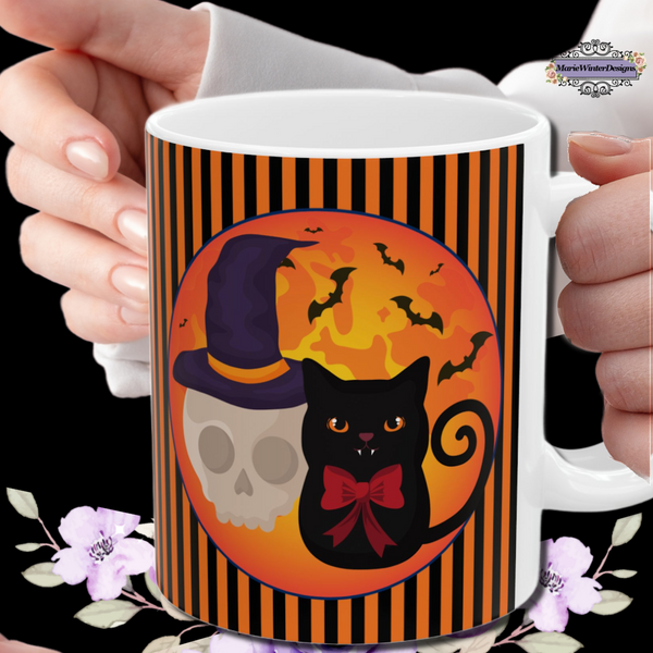 Decorative Ceramic Coffeemugs Halloween Black Cat With Skull Image On Teamugs Fall Decorative Ceramicmug Autumnal Designs Halloween Mugs