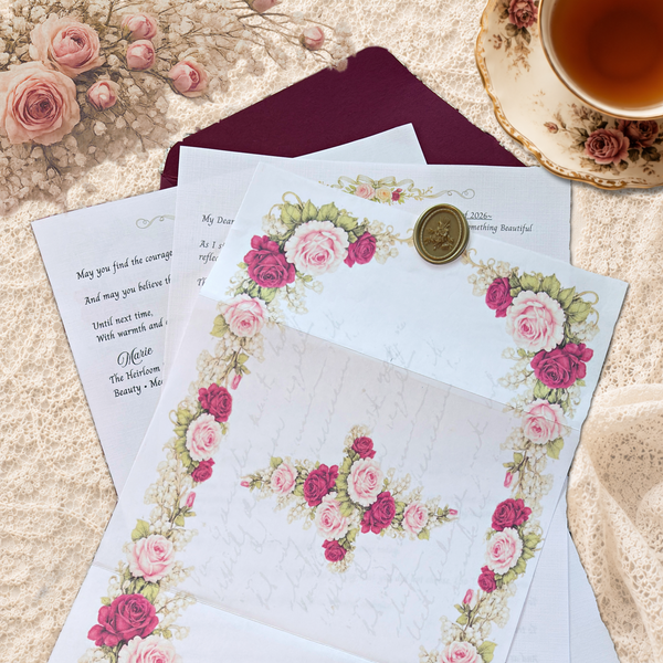 Vintage-inspired stationery set featuring a floral cross design on decorative paper, layered over a handwritten letter and burgundy envelope, styled on lace fabric with pink roses and a teacup.