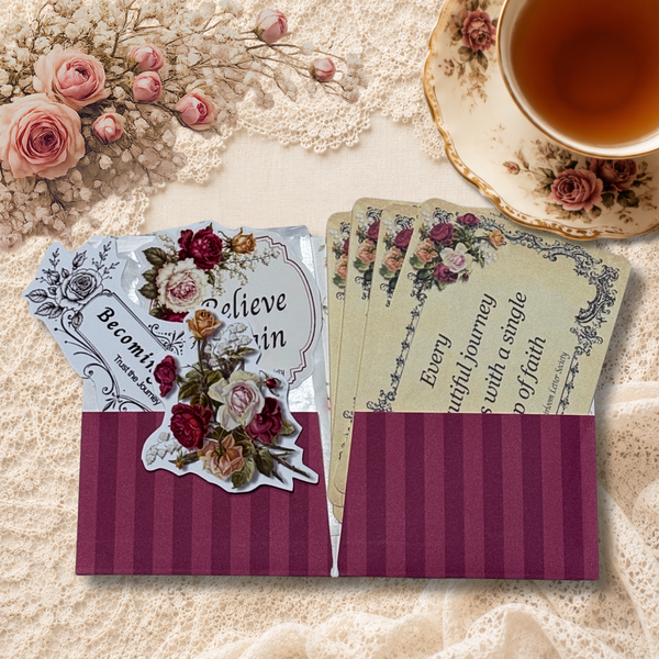 Open inspirational keepsake folder displaying floral affirmation cards, decorative stickers, and a bookmark on a cream lace background beside pink roses and a vintage teacup.