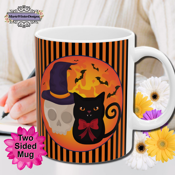 Decorative Ceramic Coffeemugs Halloween Black Cat With Skull Image On Teamugs Fall Decorative Ceramicmug Autumnal Designs Halloween Mugs