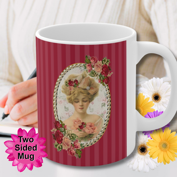 Ceramic Mug With Elegant Early 1900s Vintage Woman Surrounded with Pearls on Red Stripes with White Handle and pink flowers behind "two sided mug". Woman  holding a pen and some flowers are behind the mug