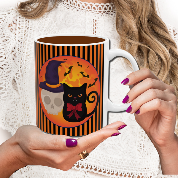 Decorative Ceramic Coffeemugs Halloween Black Cat With Skull Image On Teamugs Fall Decorative Ceramicmug Autumnal Designs Halloween Mugs