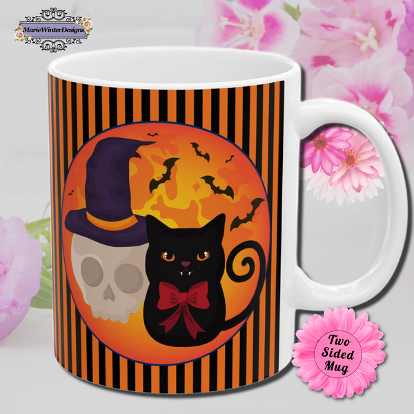 Decorative Ceramic Coffeemugs Halloween Black Cat With Skull Image On Teamugs Fall Decorative Ceramicmug Autumnal Designs Halloween Mugs