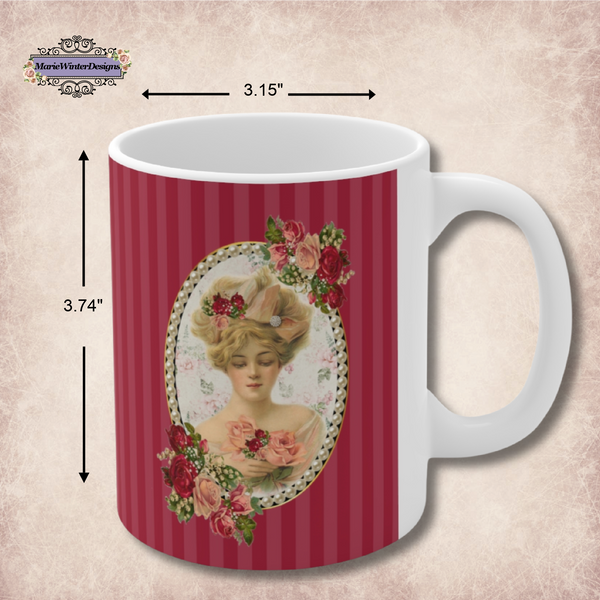 Measurements of Ceramic Mug With Elegant Early 1900s Vintage Woman Surrounded with Pearls on Red Stripes with White Handle and pink flowers behind "two sided mug"