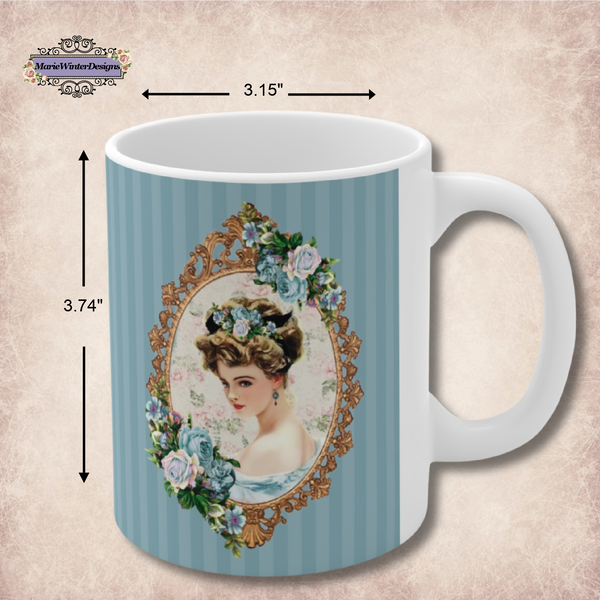 Measurements of Ceramic Mug with With Elegant Early 1900s Vintage Harrison Fisher Illustration of Lady In Gold Frame On Blue Striped Background with white handle