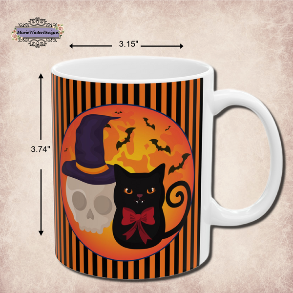 Decorative Ceramic Coffeemugs Halloween Black Cat With Skull Image On Teamugs Fall Decorative Ceramicmug Autumnal Designs Halloween Mugs