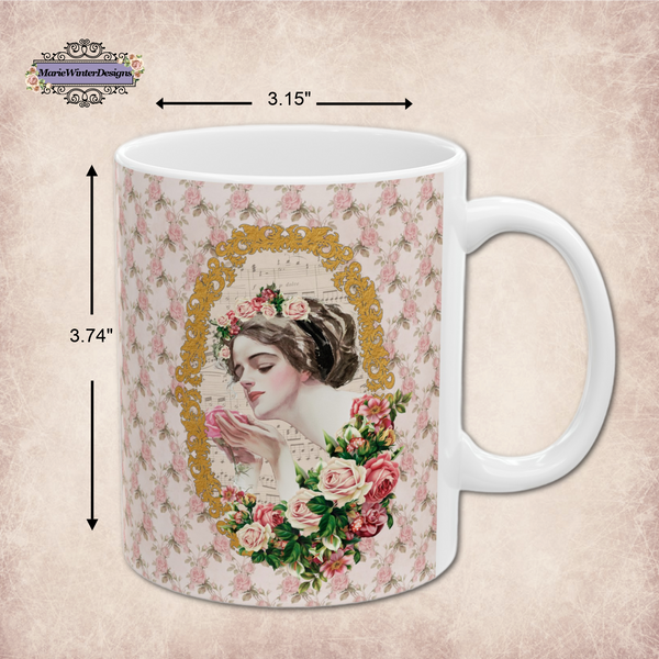 Measurements of Ceramic Mug with With With Early 1900s Vintage Harrison Fisher Illustration of Lady In Gold Frame accented with roses with white handle