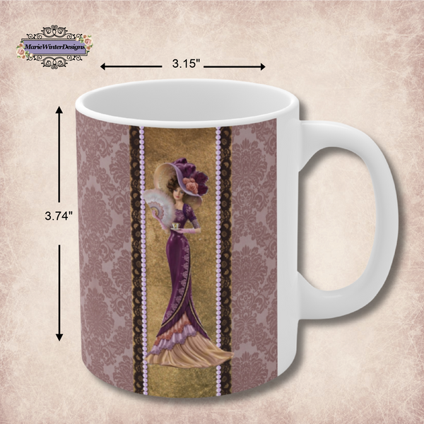 Measurements of Ceramic Mug With Elegant Early 1900s Vintage Woman Wearing a burgundy dress Large Hat on Gold stipe edged with black lace and lavender pearls On Purple Damask Background and White Handle