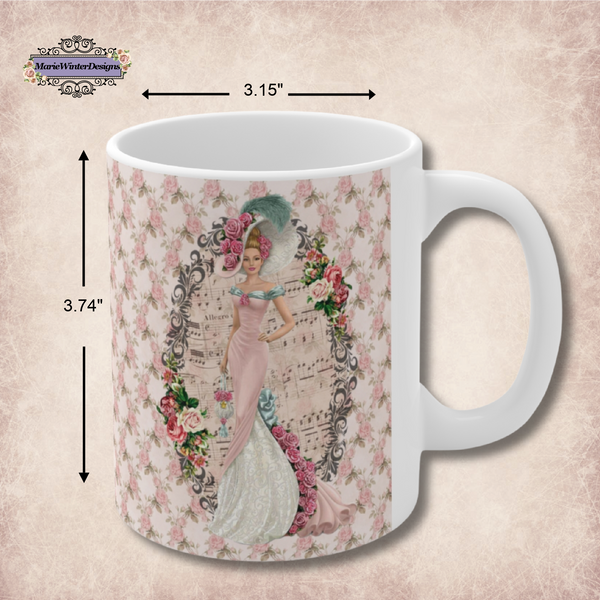 Measurements of Ceramic Mug with With with Early 1900s Vintage Hello Dolly Lady in a Pink Dress and Large Hat and pink Floral Background and white handle.