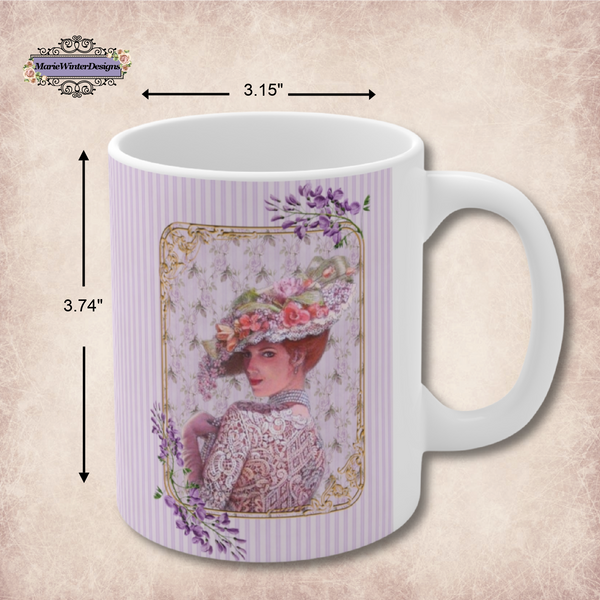 Measurements of Ceramic Mug with Elegant Early 1900s Vintage Woman wearing a Purple Lace Dress, Large Floral Hat Purple on Striped Background and White Handle