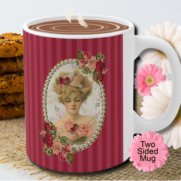 Ceramic Mug With Elegant Early 1900s Vintage Woman Surrounded with Pearls on Red Stripes with White Handle and pink flowers behind "two sided mug". Stack of cookies and flowers are behind the mug.