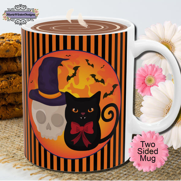 Decorative Ceramic Coffeemugs Halloween Black Cat With Skull Image On Teamugs Fall Decorative Ceramicmug Autumnal Designs Halloween Mugs