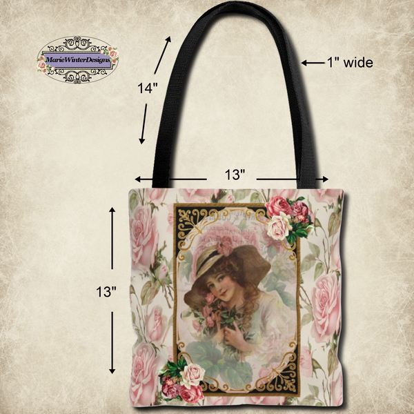 Tote Bag Purse Book Bag With  Early 1900s Vintage Woman in a Black and Gold Frame