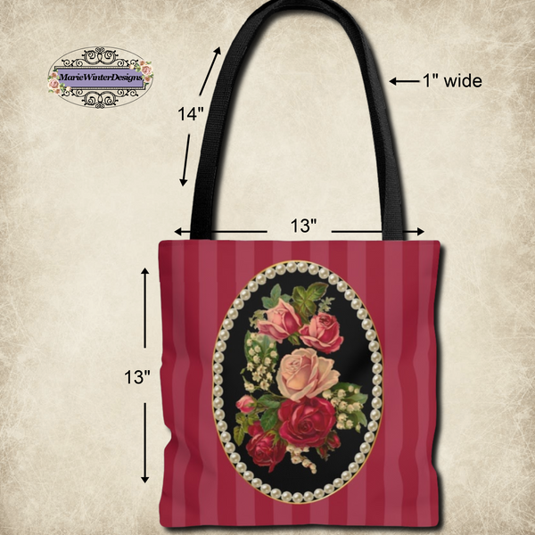 measurements of Tote Bag Purse and Book Bag With Vintage Roses Red inside a frame of pearls Striped Background