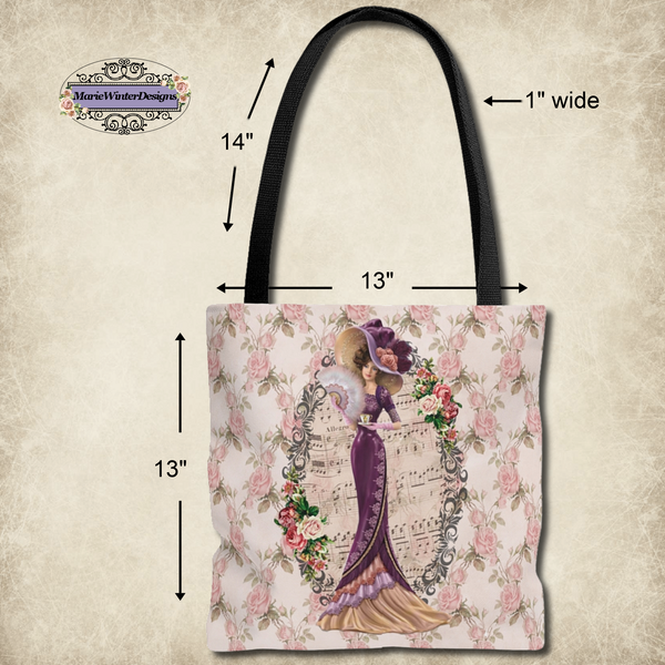 Measurements of ote Bag Purse Book Bag With Elegant Early 1900s Vintage Hello Dolly Lady in a Burgundy Dress on pink roses, green leaves white background