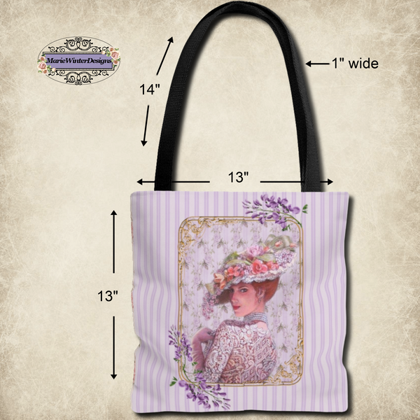 Tote Bag Purse and Book BagWith Elegant Early 1900s Vintage Woman Wearing a Purple Lace Dress